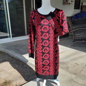 Elegant Black and Red Floral Long Sleeve Dress